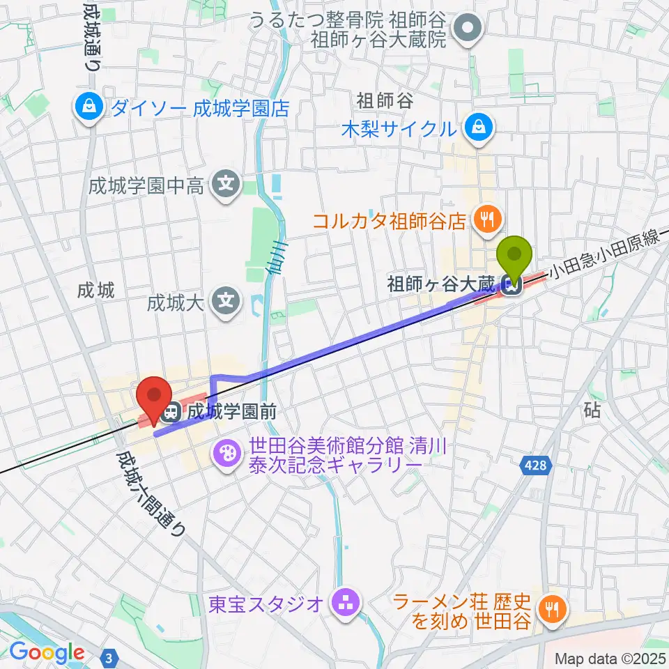 祖師ヶ谷大蔵駅から成城ミュージックアカデミーへのルートマップ地図