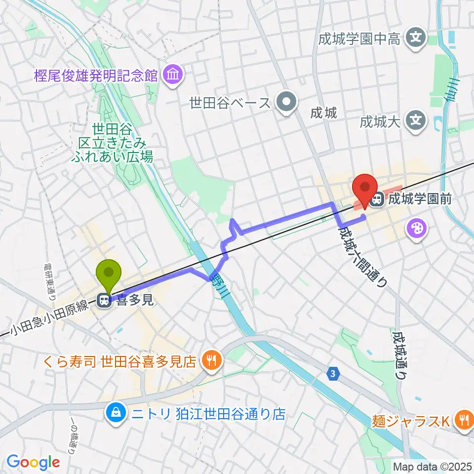 喜多見駅から成城ミュージックアカデミーへのルートマップ地図
