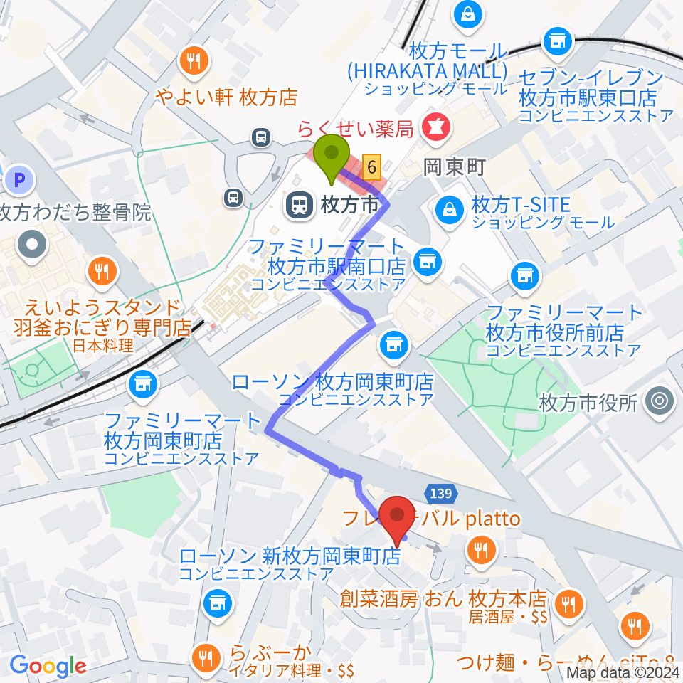 アズイズミュージック枚方店の最寄駅枚方市駅からの徒歩ルート（約4分）地図