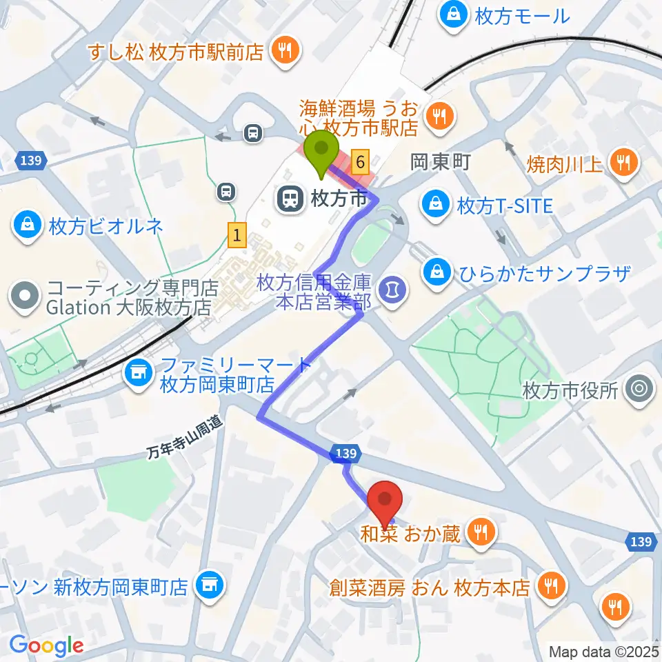 アズイズミュージック枚方店の最寄駅枚方市駅からの徒歩ルート（約4分）地図