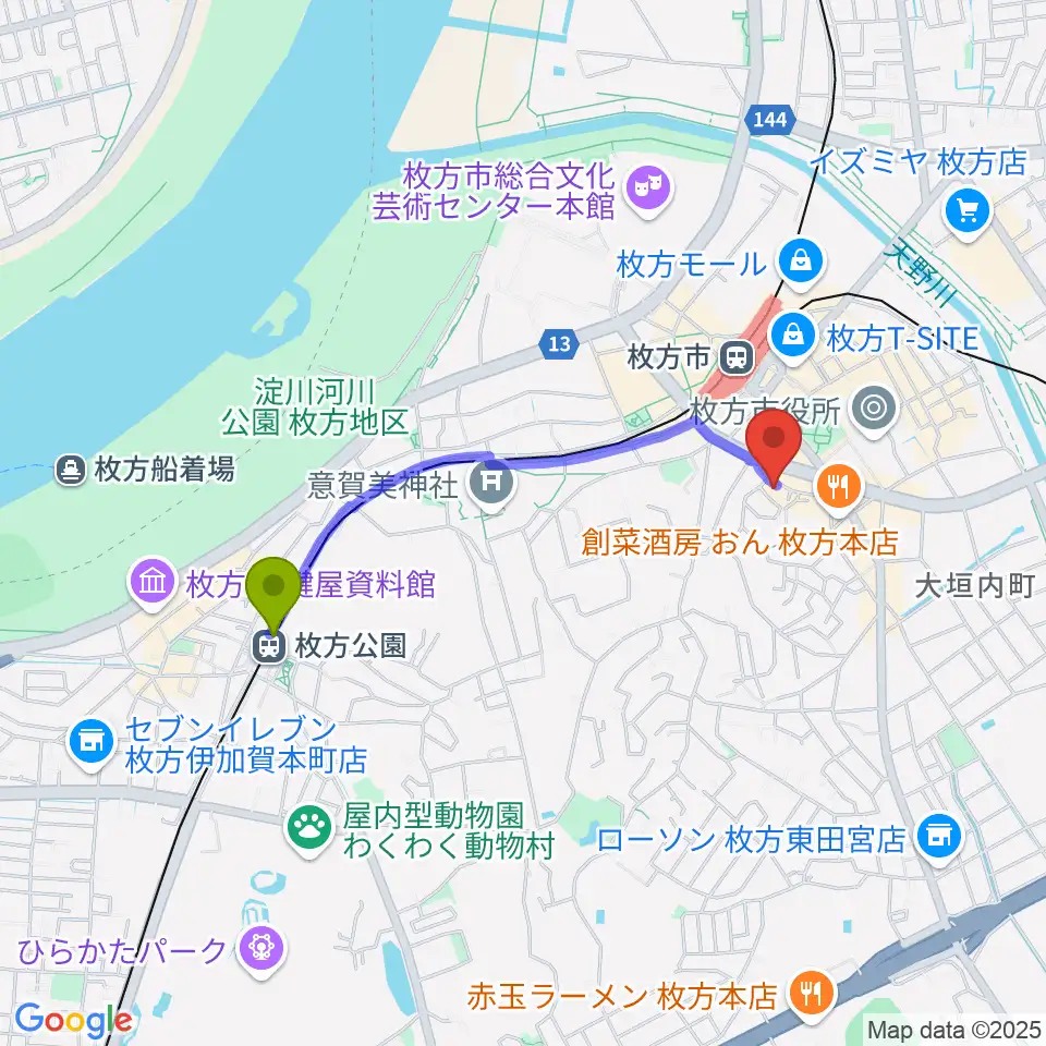 枚方公園駅からアズイズミュージック枚方店へのルートマップ地図