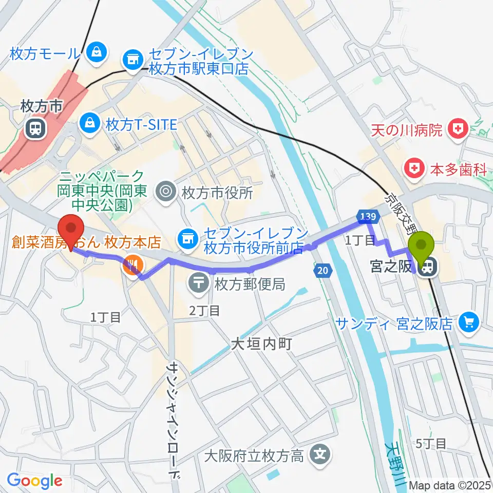 宮之阪駅からアズイズミュージック枚方店へのルートマップ地図