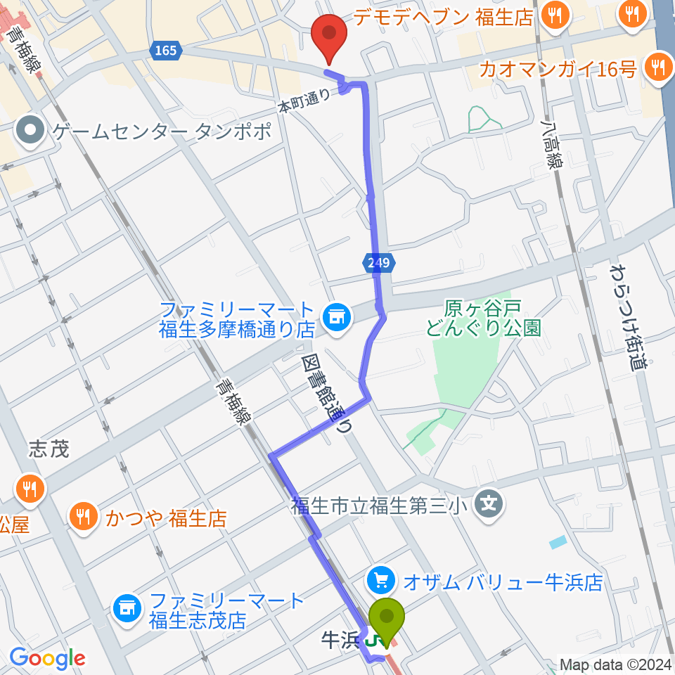 牛浜駅から楽器工房キャットロックへのルートマップ地図