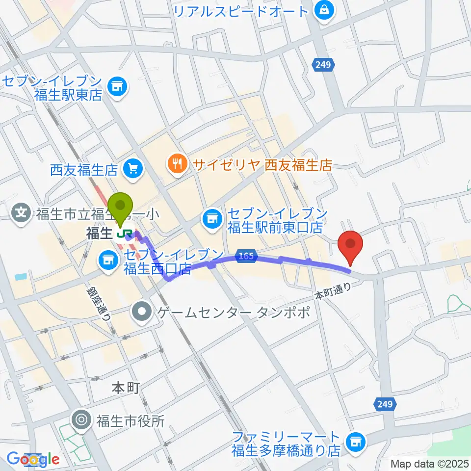 楽器工房キャットロックの最寄駅福生駅からの徒歩ルート（約8分）地図