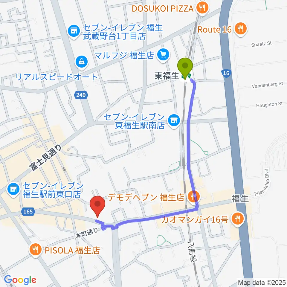 東福生駅からキャットロックへのルートマップ地図