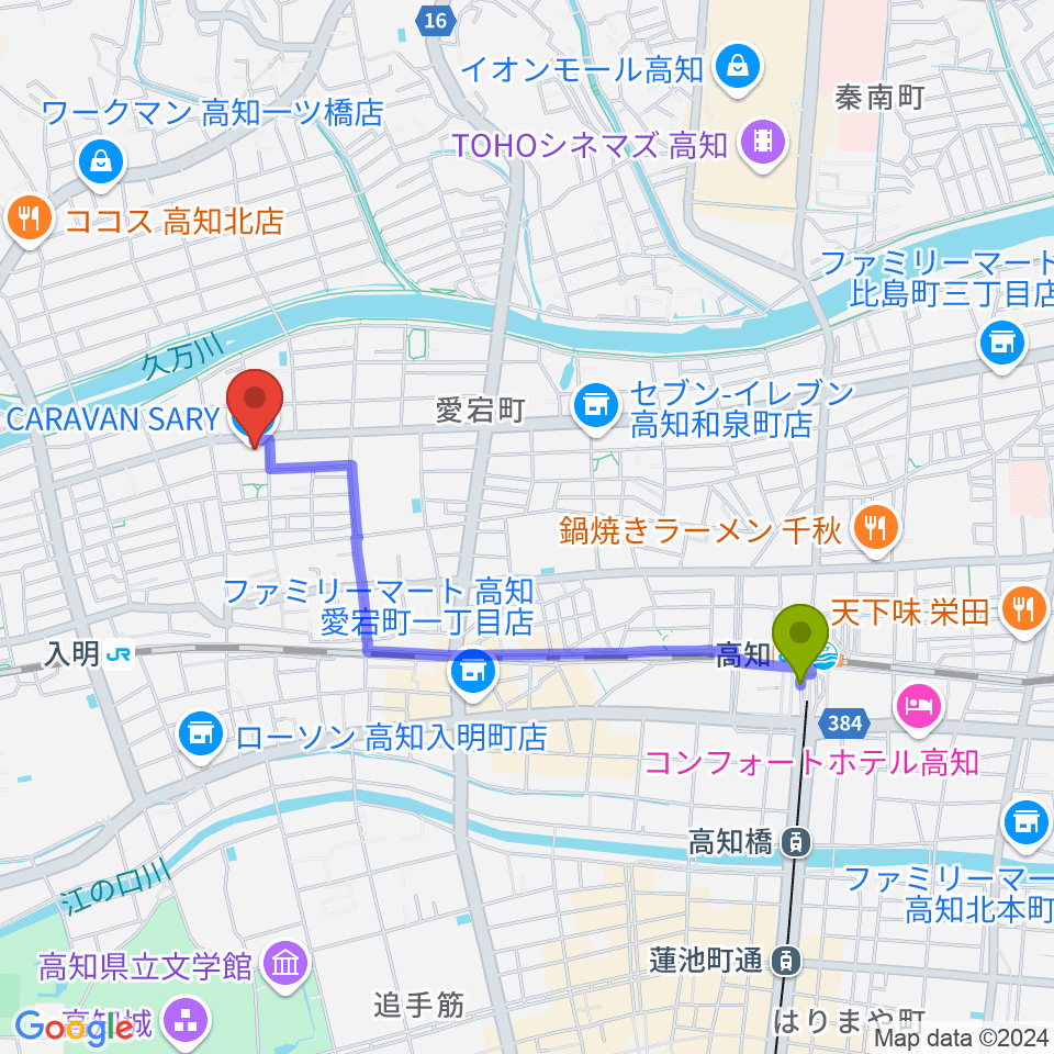 高知駅から高知キャラバンサライへのルートマップ地図