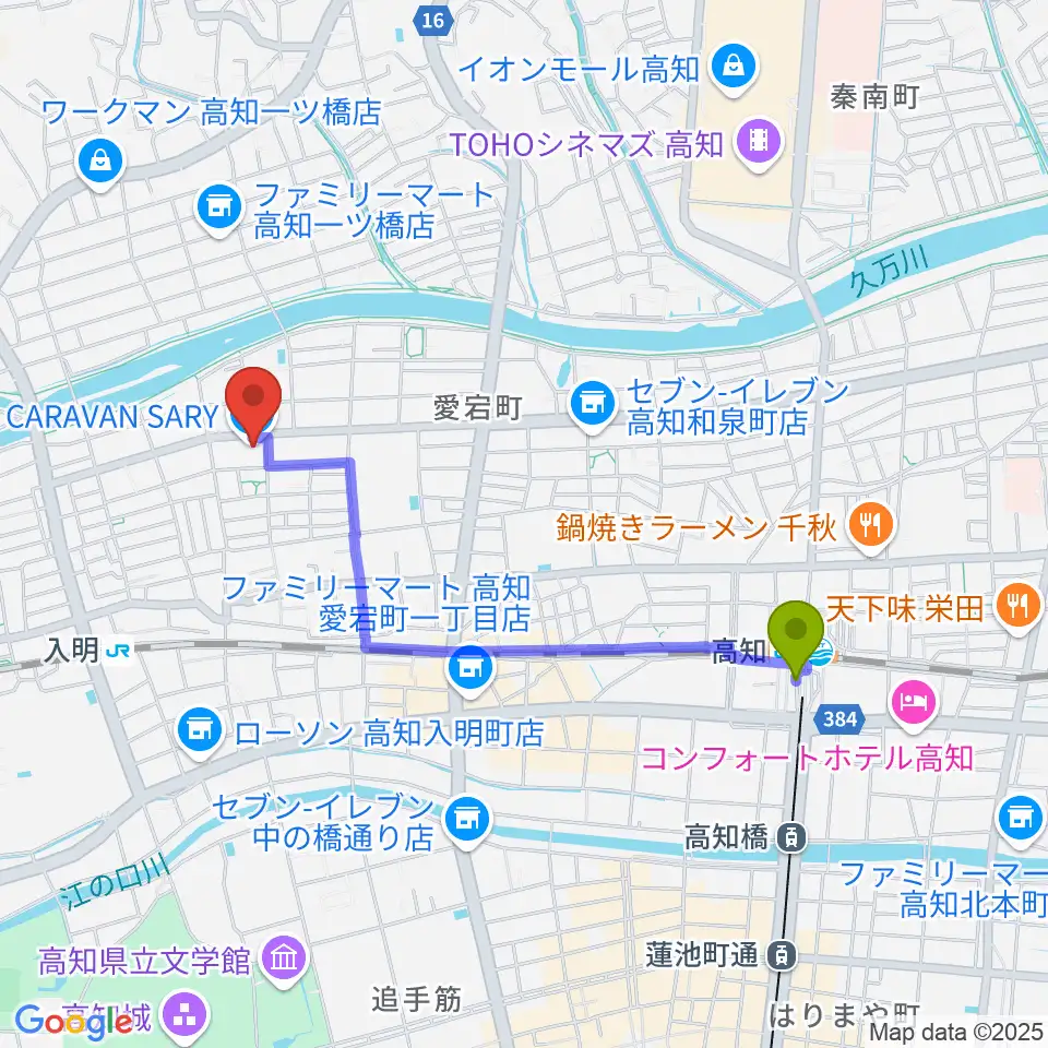 高知駅から高知キャラバンサライへのルートマップ地図