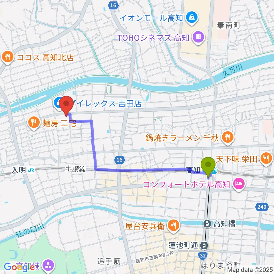 高知駅から高知キャラバンサライへのルートマップ地図