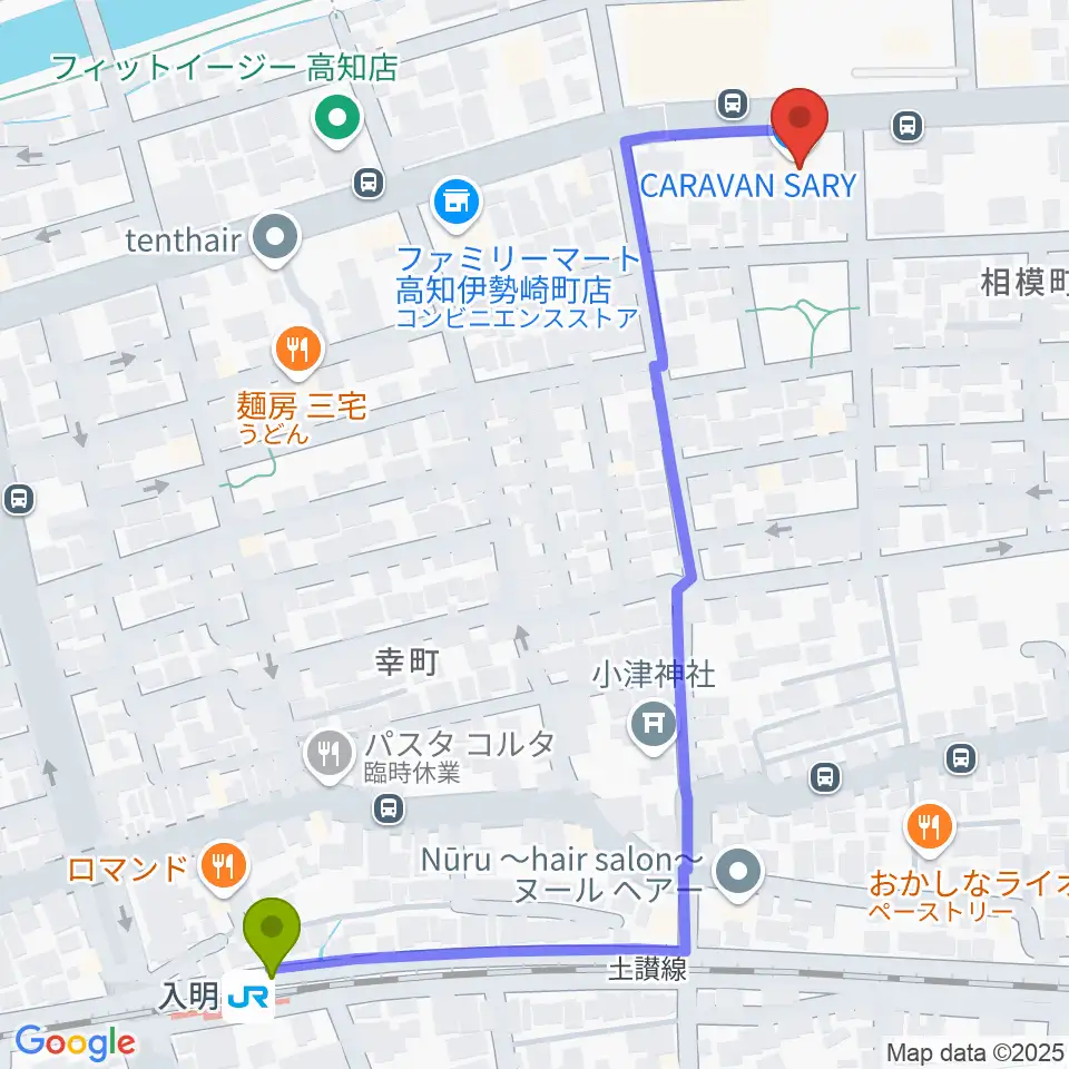 高知キャラバンサライの最寄駅入明駅からの徒歩ルート（約7分）地図