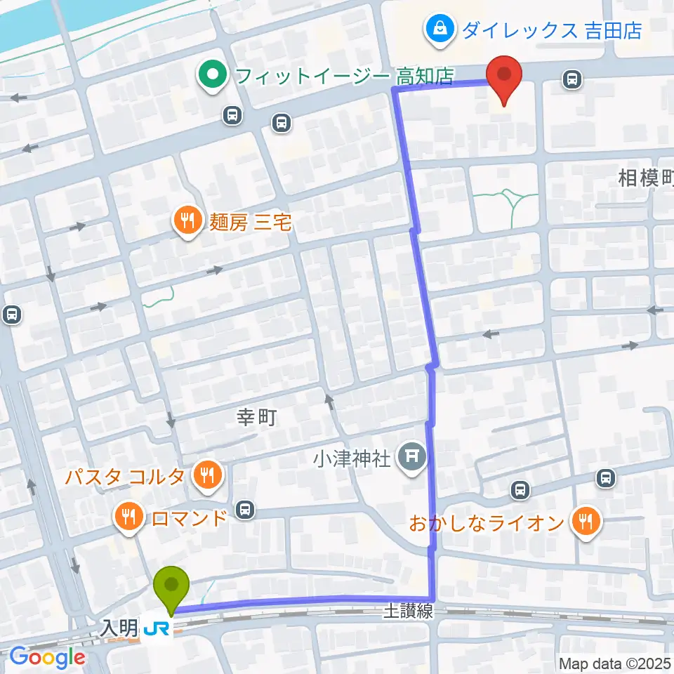 高知キャラバンサライの最寄駅入明駅からの徒歩ルート（約7分）地図