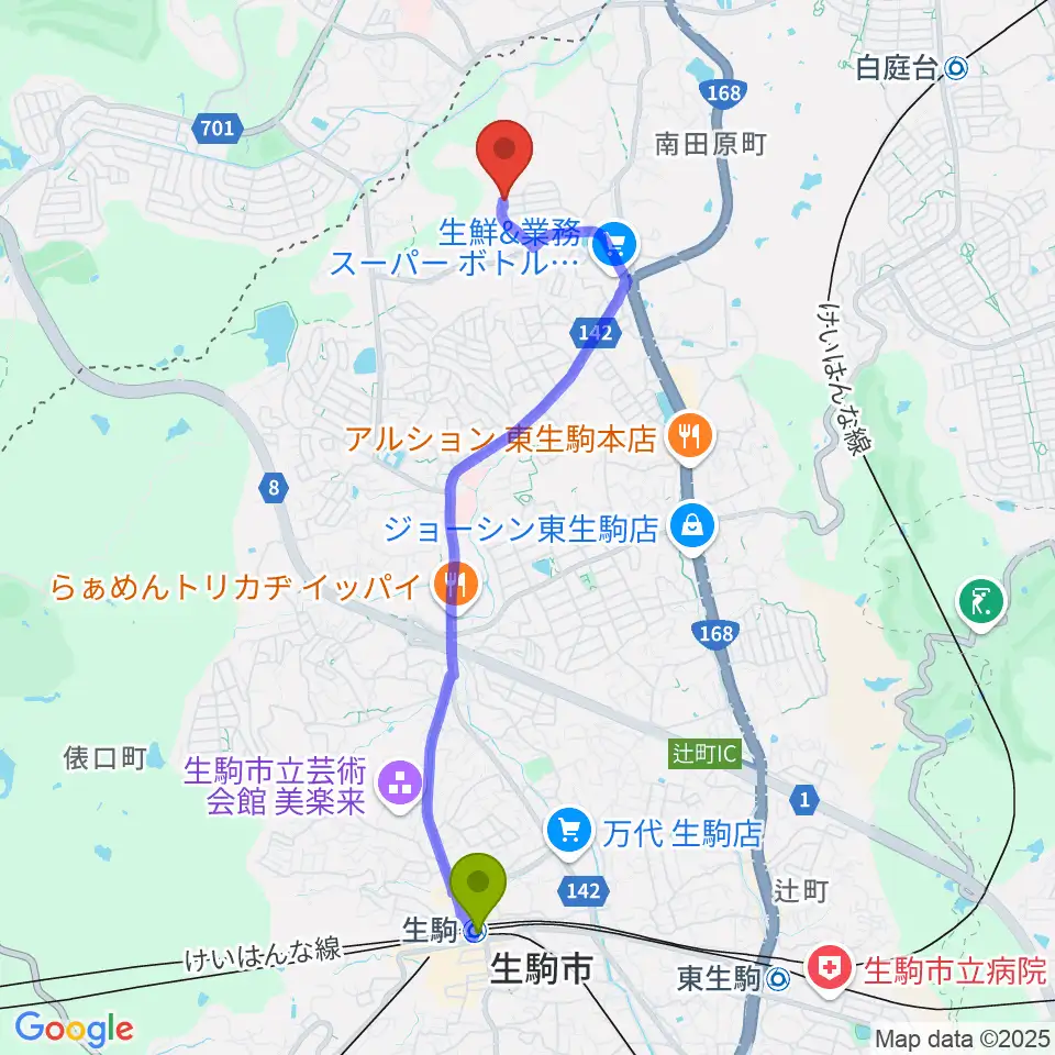 生駒駅から浦恩城音楽教室へのルートマップ地図
