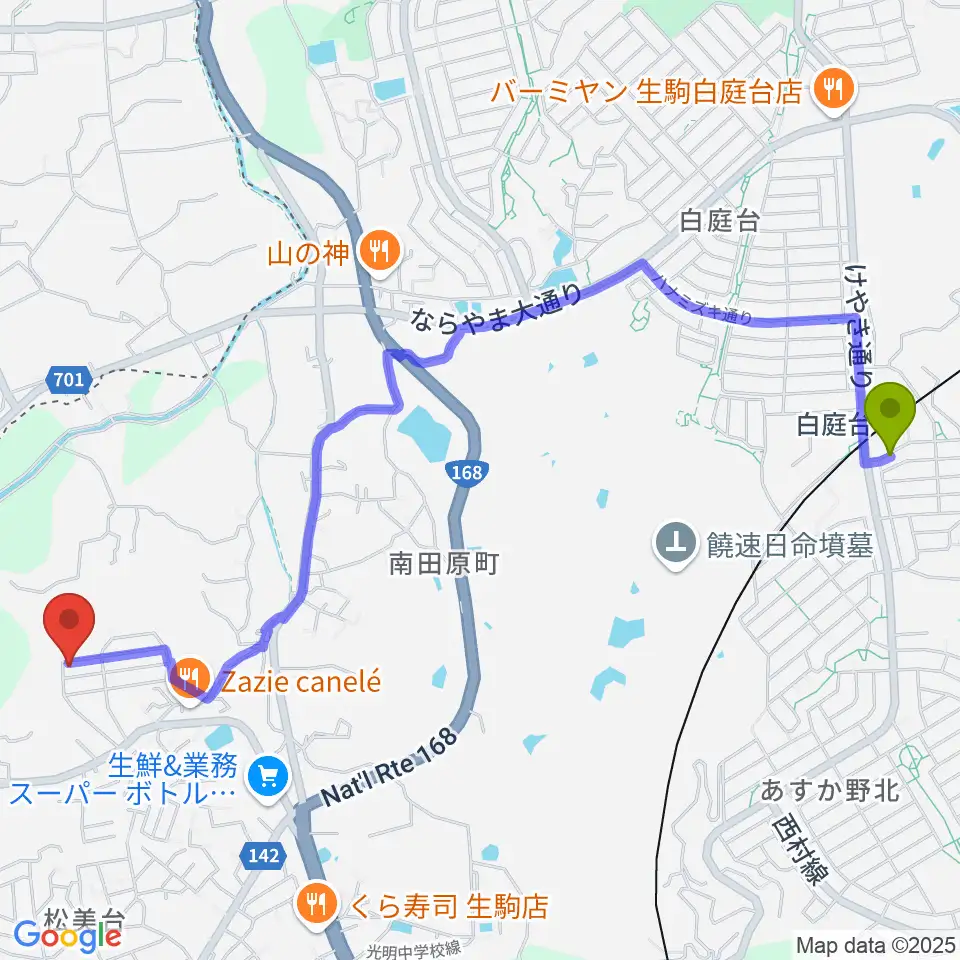 浦恩城音楽教室の最寄駅白庭台駅からの徒歩ルート（約28分）地図