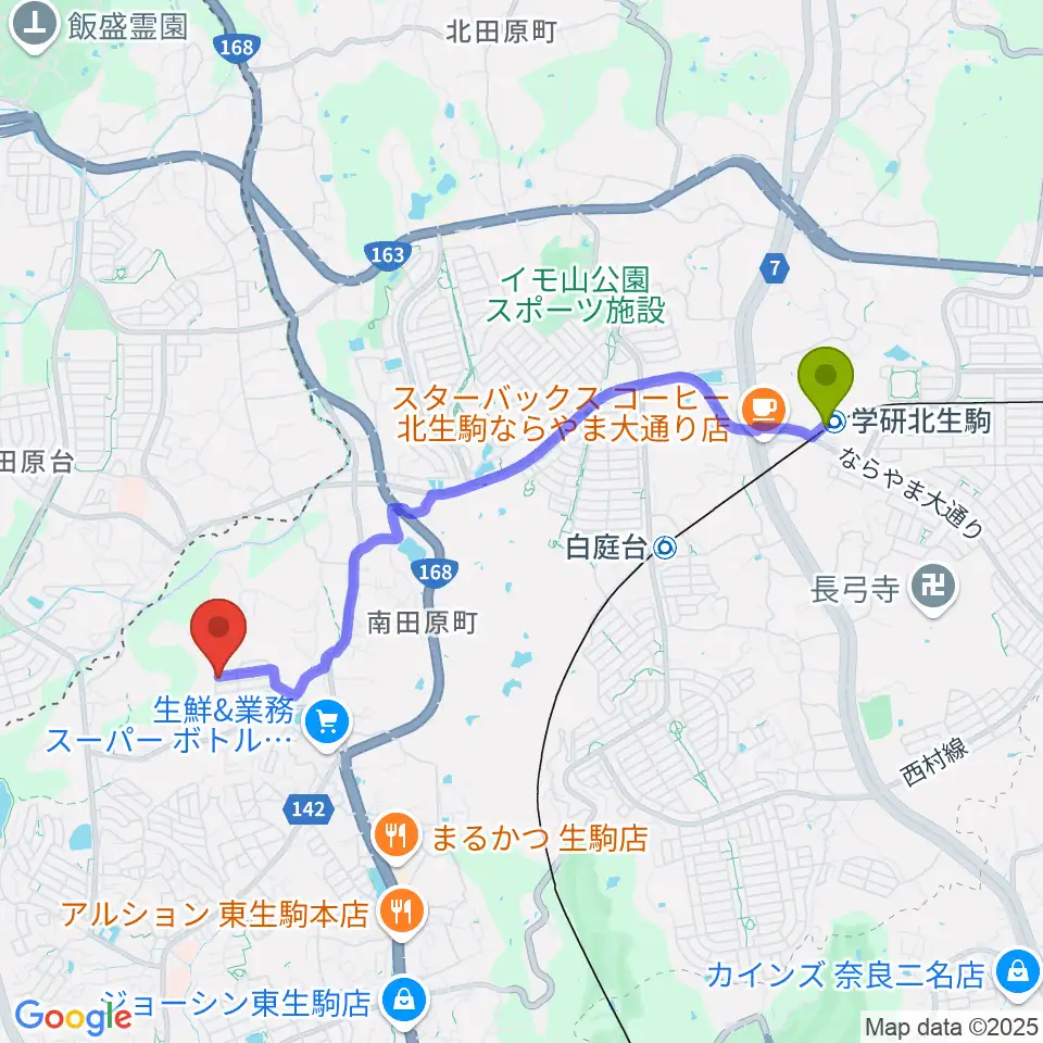 学研北生駒駅から浦恩城音楽教室へのルートマップ地図