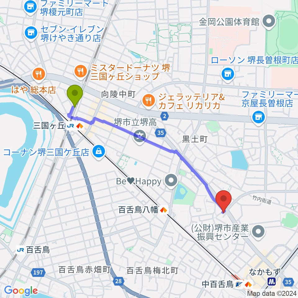 三国ケ丘駅から音楽スタジオmoaへのルートマップ地図