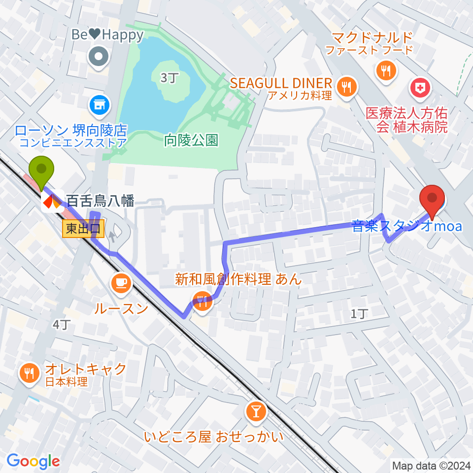 音楽スタジオmoaの最寄駅百舌鳥八幡駅からの徒歩ルート（約7分）地図