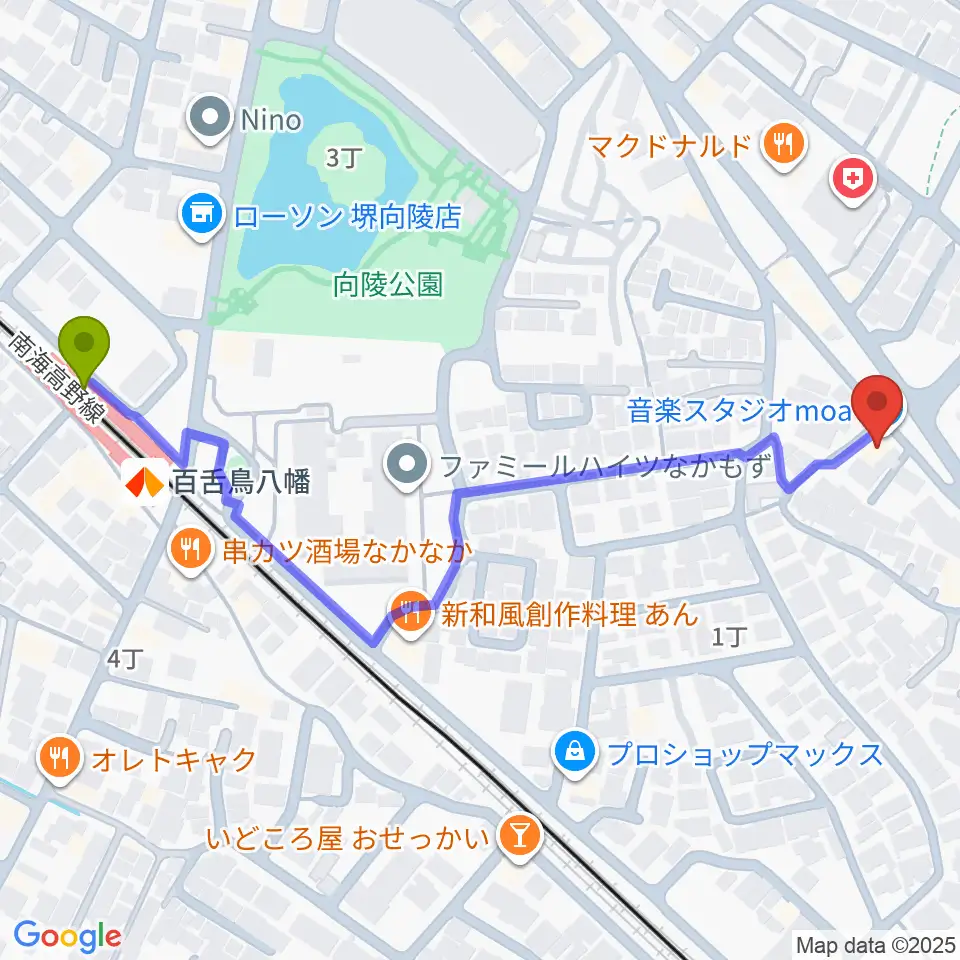 音楽スタジオmoaの最寄駅百舌鳥八幡駅からの徒歩ルート（約7分）地図