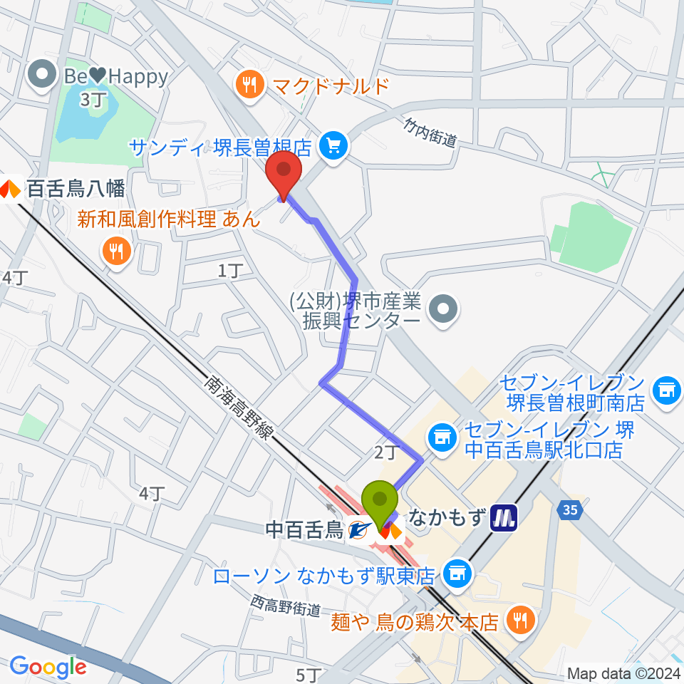 中百舌鳥駅から音楽スタジオmoaへのルートマップ地図