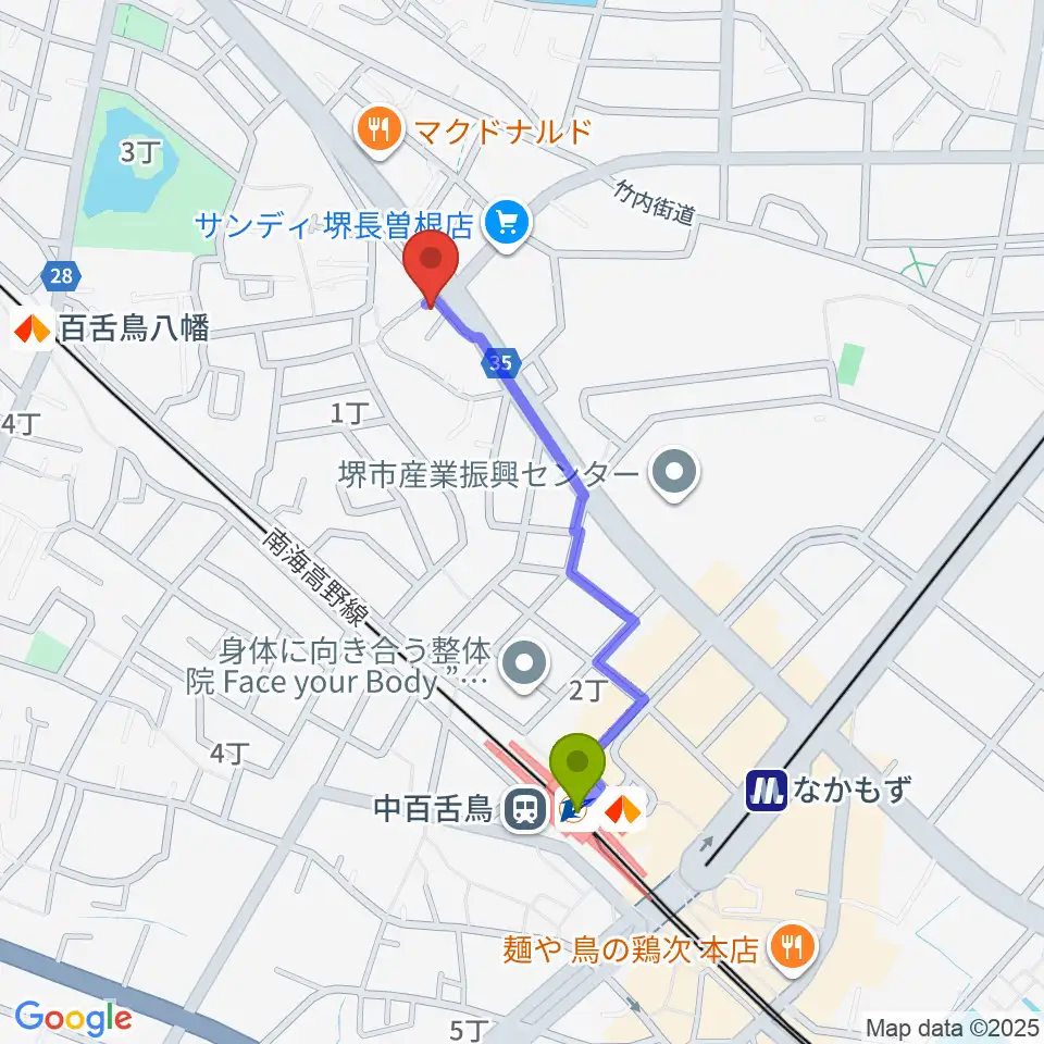 中百舌鳥駅から音楽スタジオmoaへのルートマップ地図