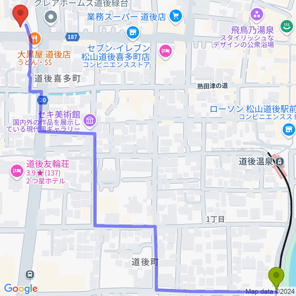 道後公園駅からスタジオ Oto-Niwaへのルートマップ地図