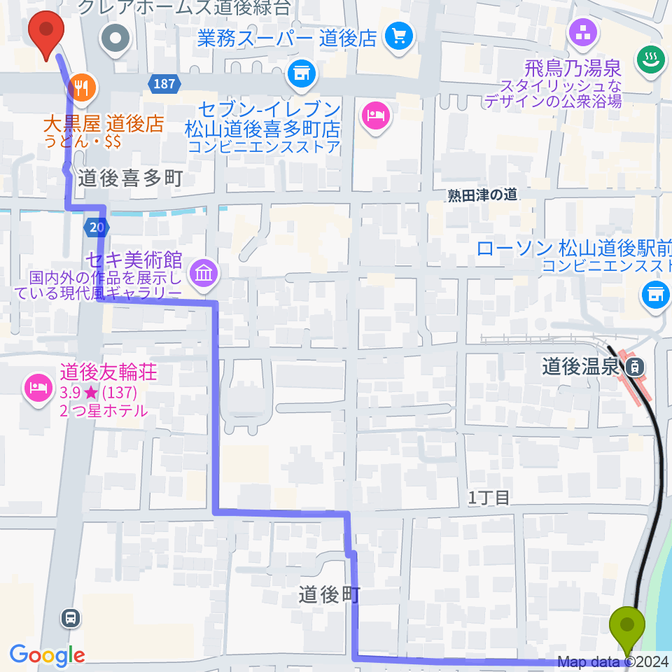 道後公園駅からスタジオ Oto-Niwaへのルートマップ地図