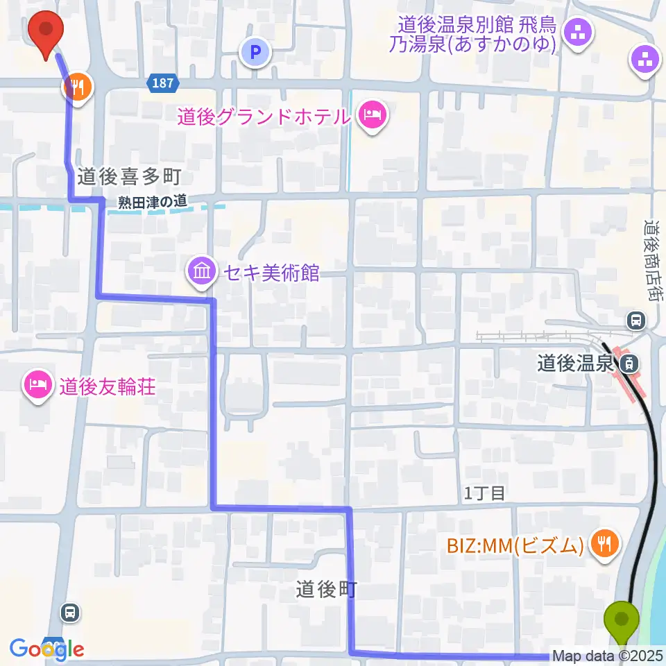 道後公園駅からスタジオ Oto-Niwaへのルートマップ地図