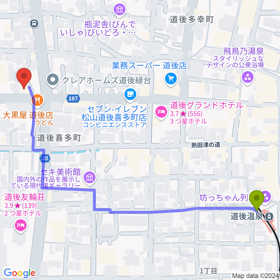 スタジオ Oto-Niwaの最寄駅道後温泉駅からの徒歩ルート（約7分）地図