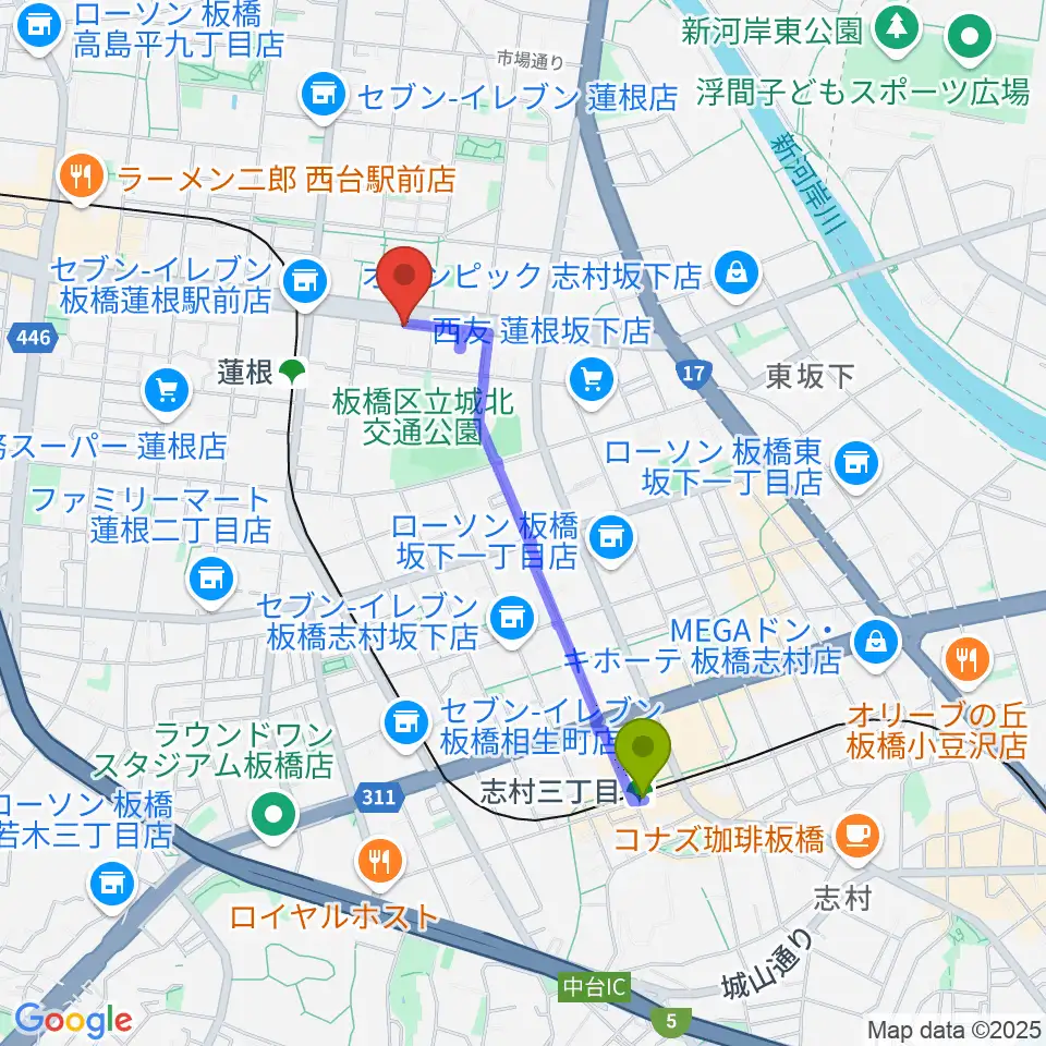 志村三丁目駅からエアーサウンドスタジオへのルートマップ地図