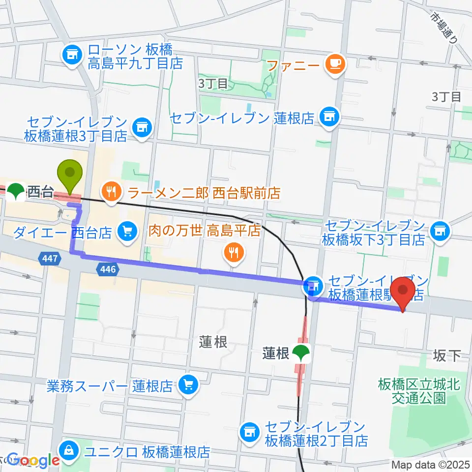 西台駅からエアーサウンドスタジオへのルートマップ地図