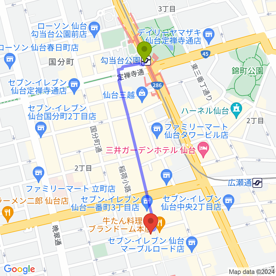 勾当台公園駅から仙台darwinへのルートマップ地図