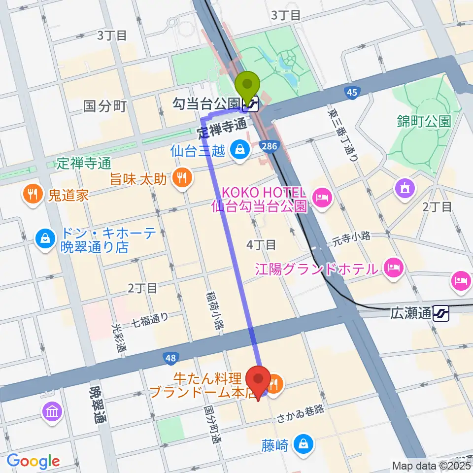 勾当台公園駅から仙台darwinへのルートマップ地図