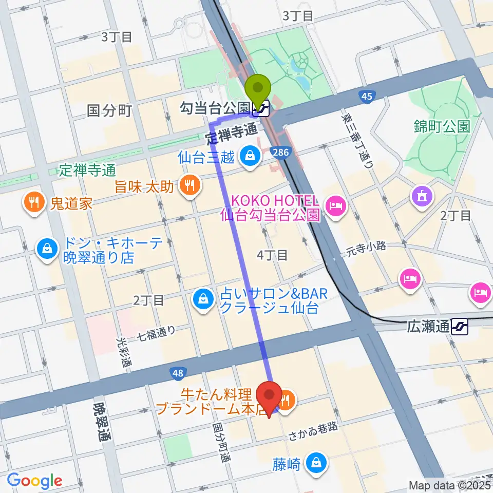 勾当台公園駅から仙台darwinへのルートマップ地図