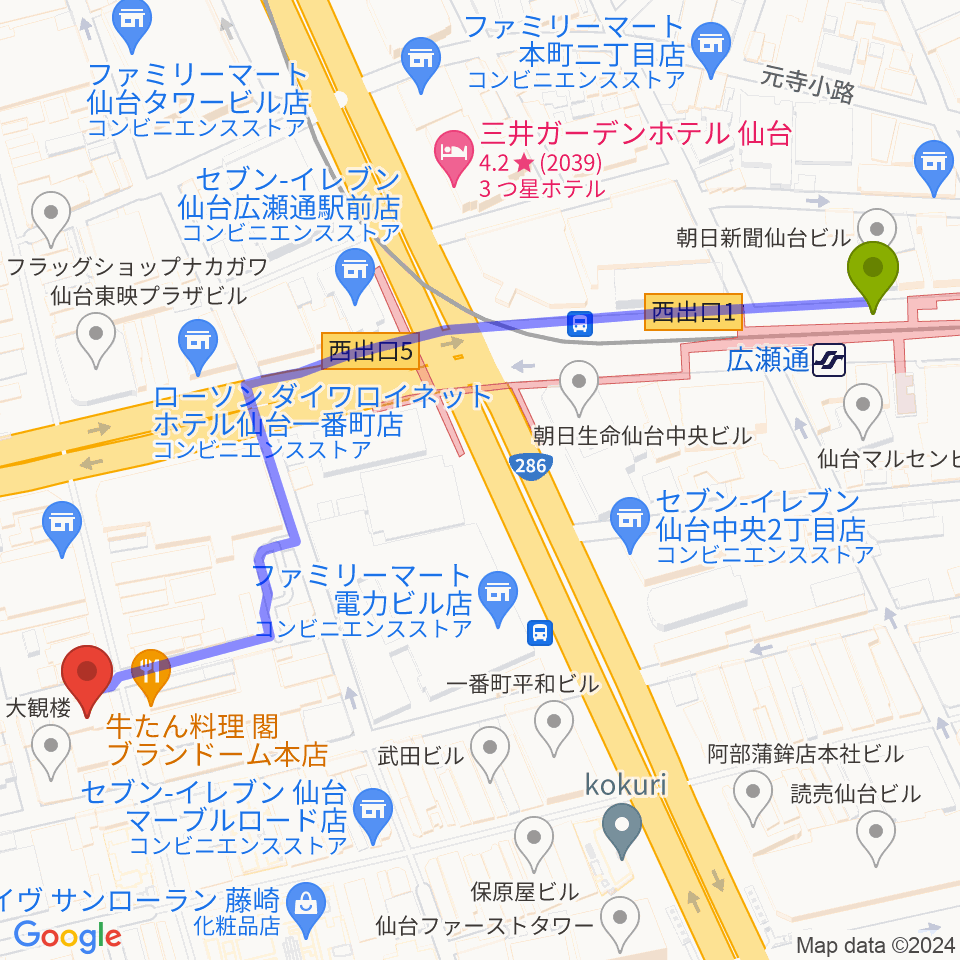 広瀬通駅から仙台darwinへのルートマップ地図