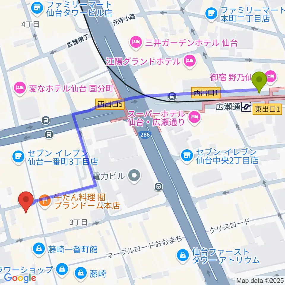 広瀬通駅から仙台darwinへのルートマップ地図
