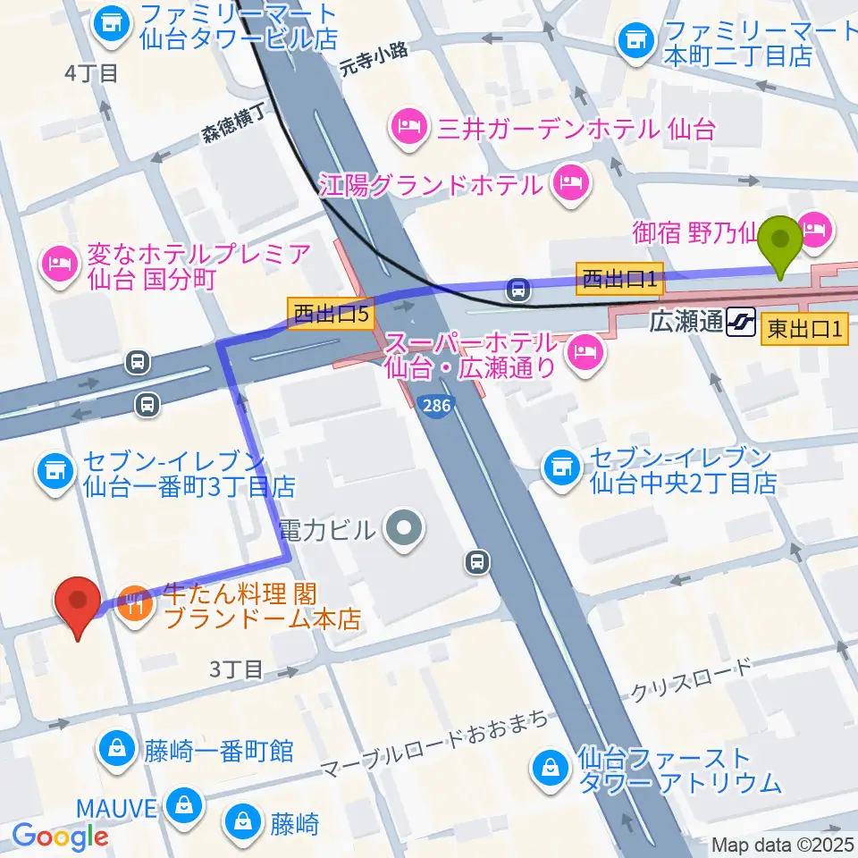 広瀬通駅から仙台darwinへのルートマップ地図