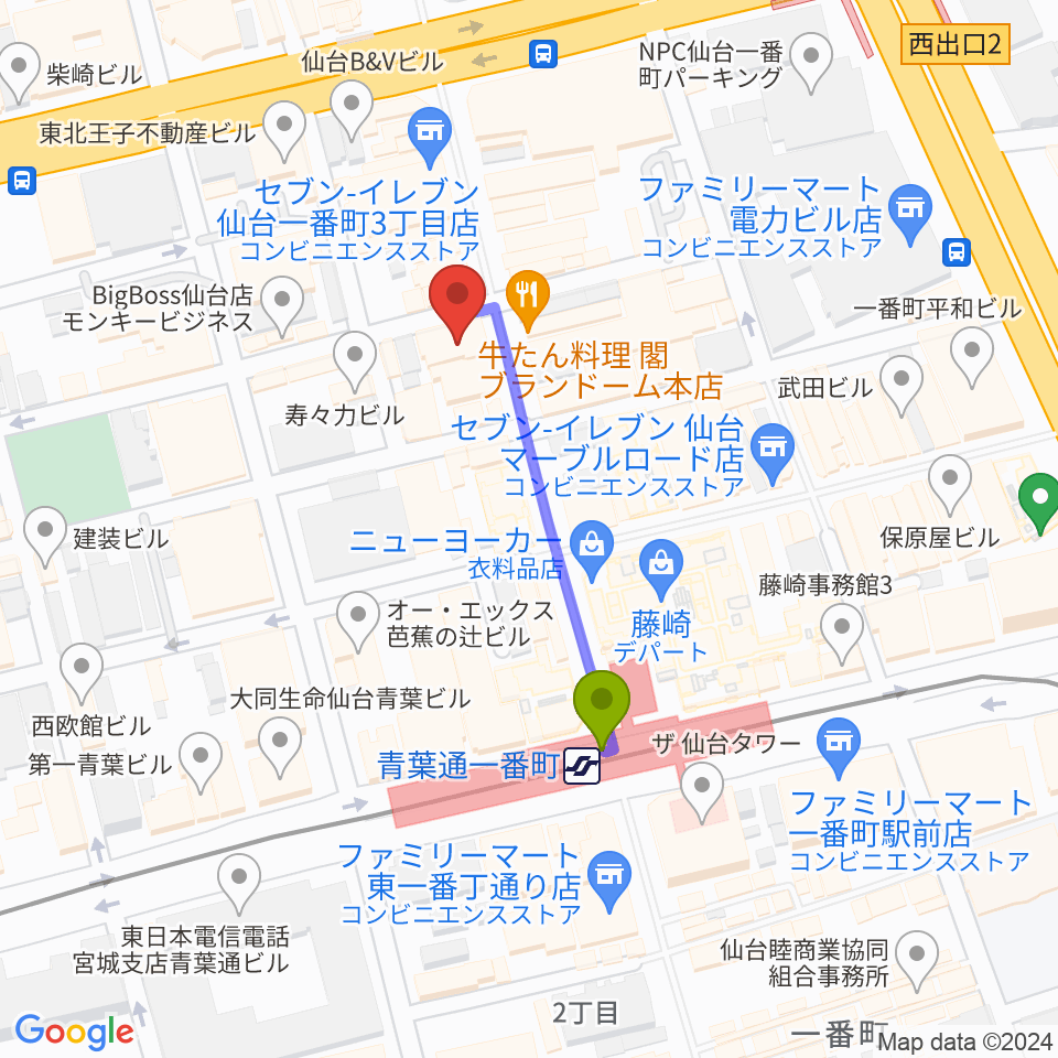 仙台darwinの最寄駅青葉通一番町駅からの徒歩ルート（約3分）地図