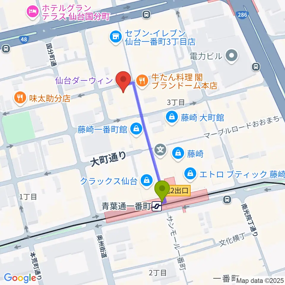 仙台darwinの最寄駅青葉通一番町駅からの徒歩ルート（約3分）地図
