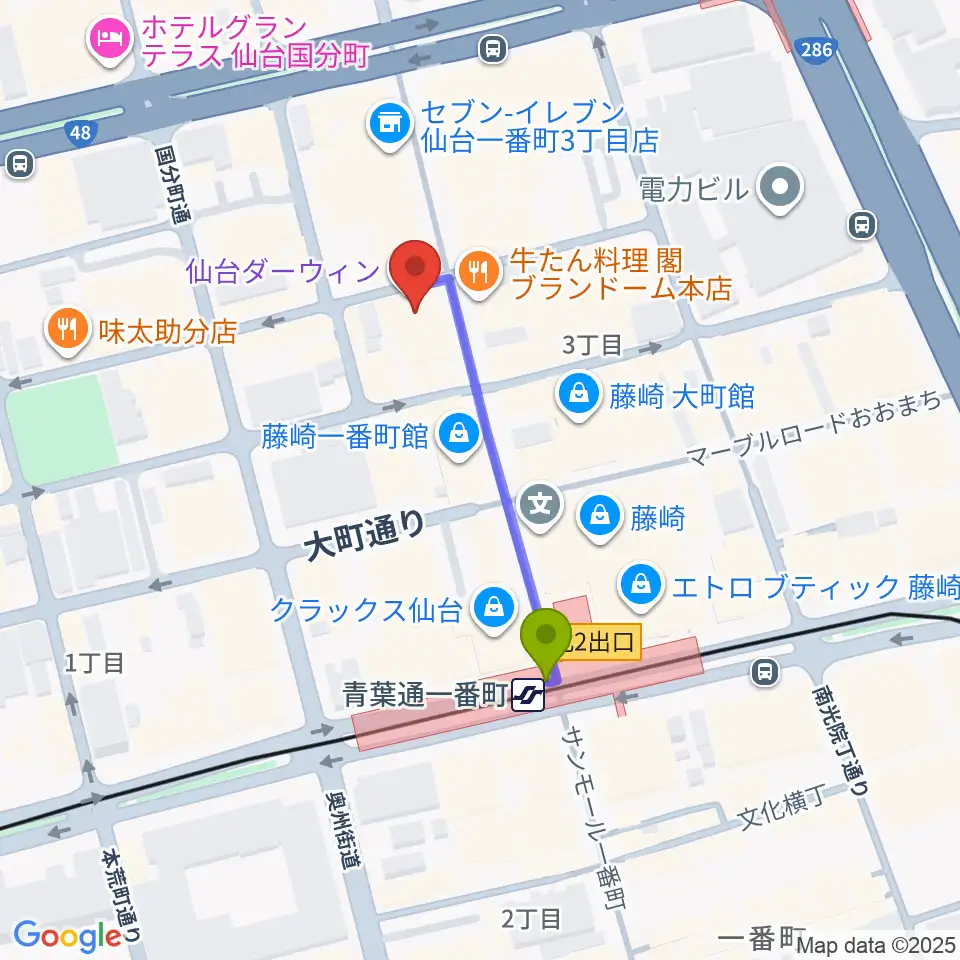 仙台darwinの最寄駅青葉通一番町駅からの徒歩ルート（約3分）地図