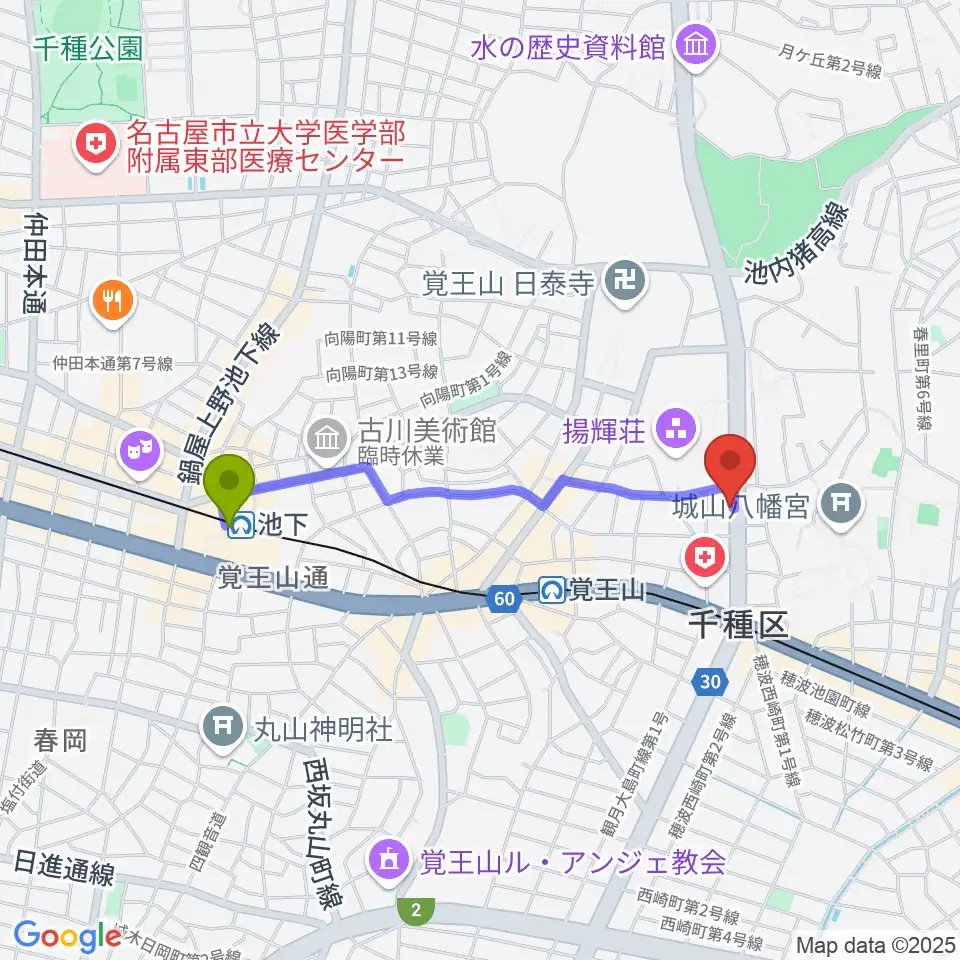 池下駅から名古屋こども歌劇団へのルートマップ地図