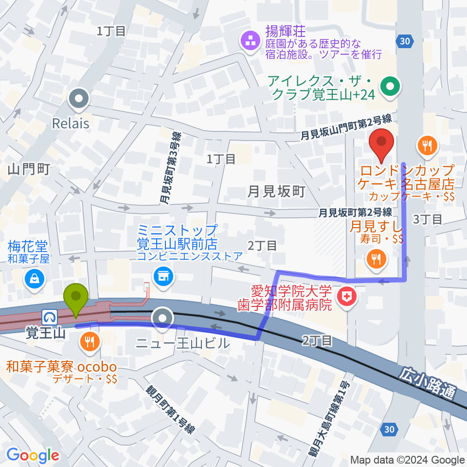 名古屋こども歌劇団の最寄駅覚王山駅からの徒歩ルート（約6分）地図