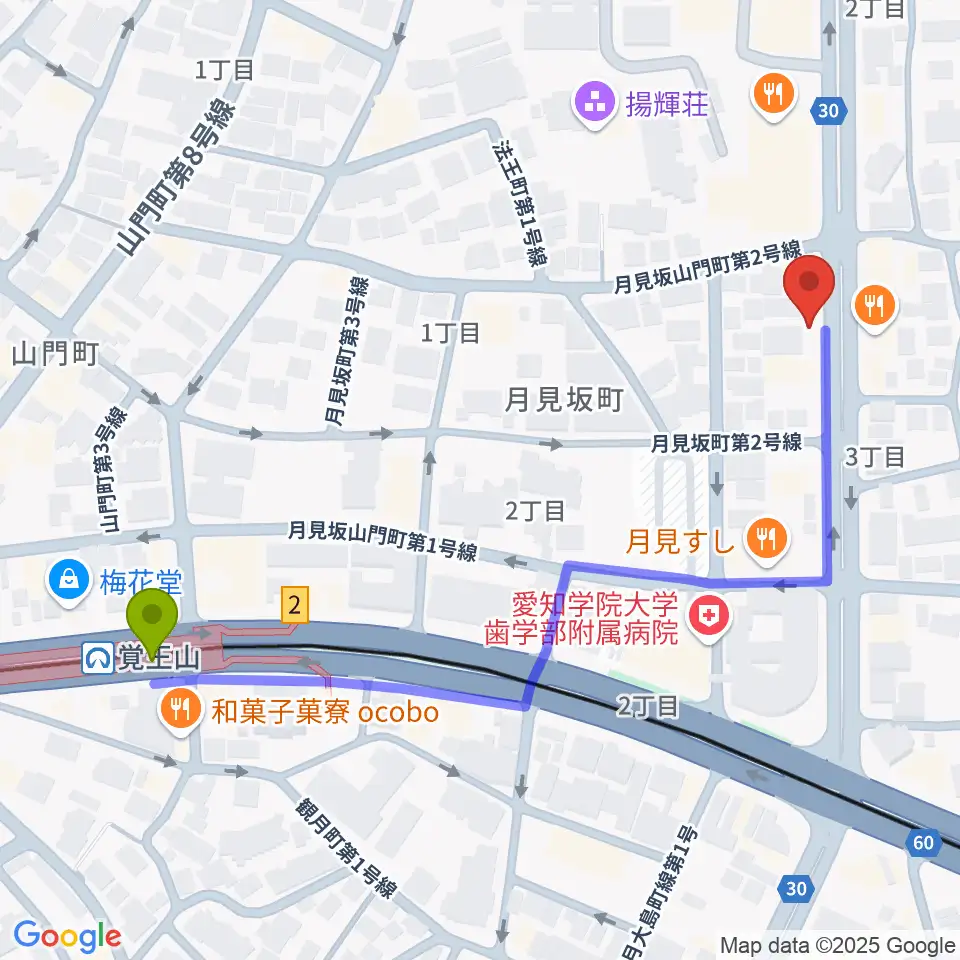 名古屋こども歌劇団の最寄駅覚王山駅からの徒歩ルート（約6分）地図