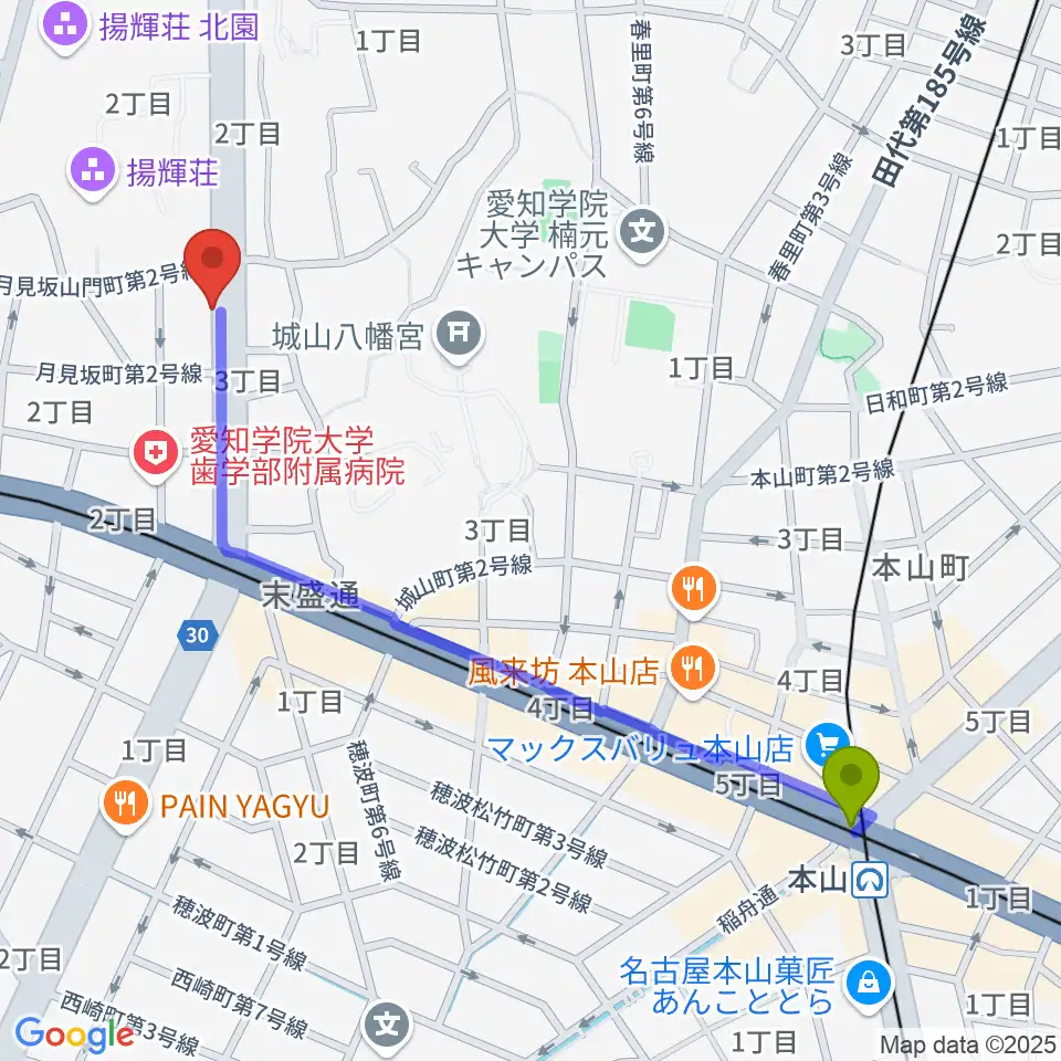 本山駅から名古屋こども歌劇団へのルートマップ地図