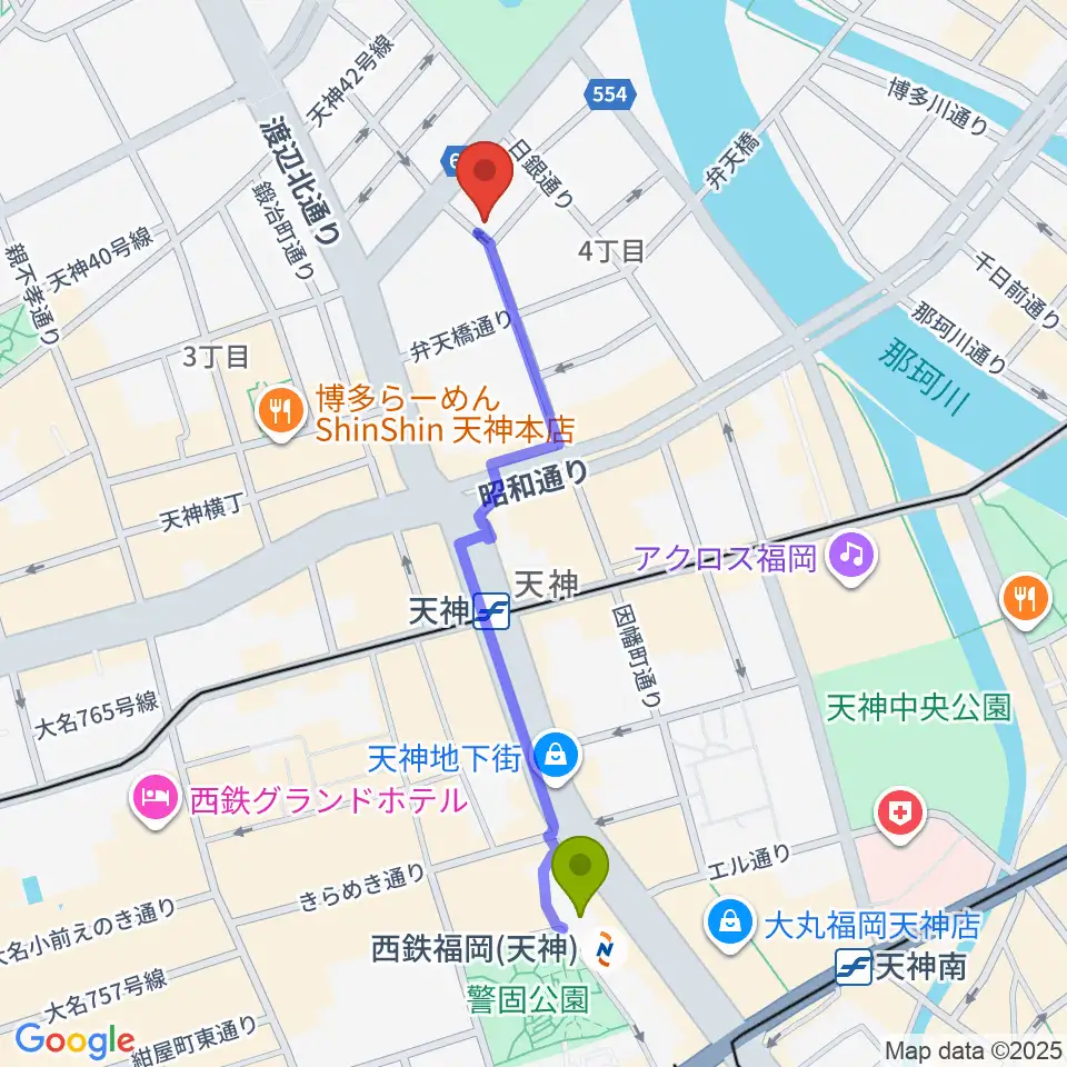 西鉄福岡（天神）駅からGMボーカル・アカデミー福岡天神校へのルートマップ地図