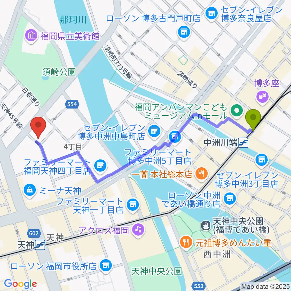 中洲川端駅からGMボーカル・アカデミー福岡天神校へのルートマップ地図