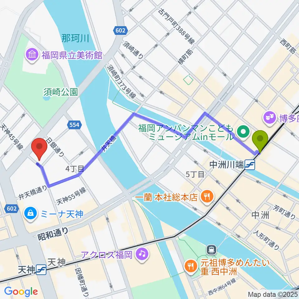 中洲川端駅からGMボーカル・アカデミー福岡天神校へのルートマップ地図