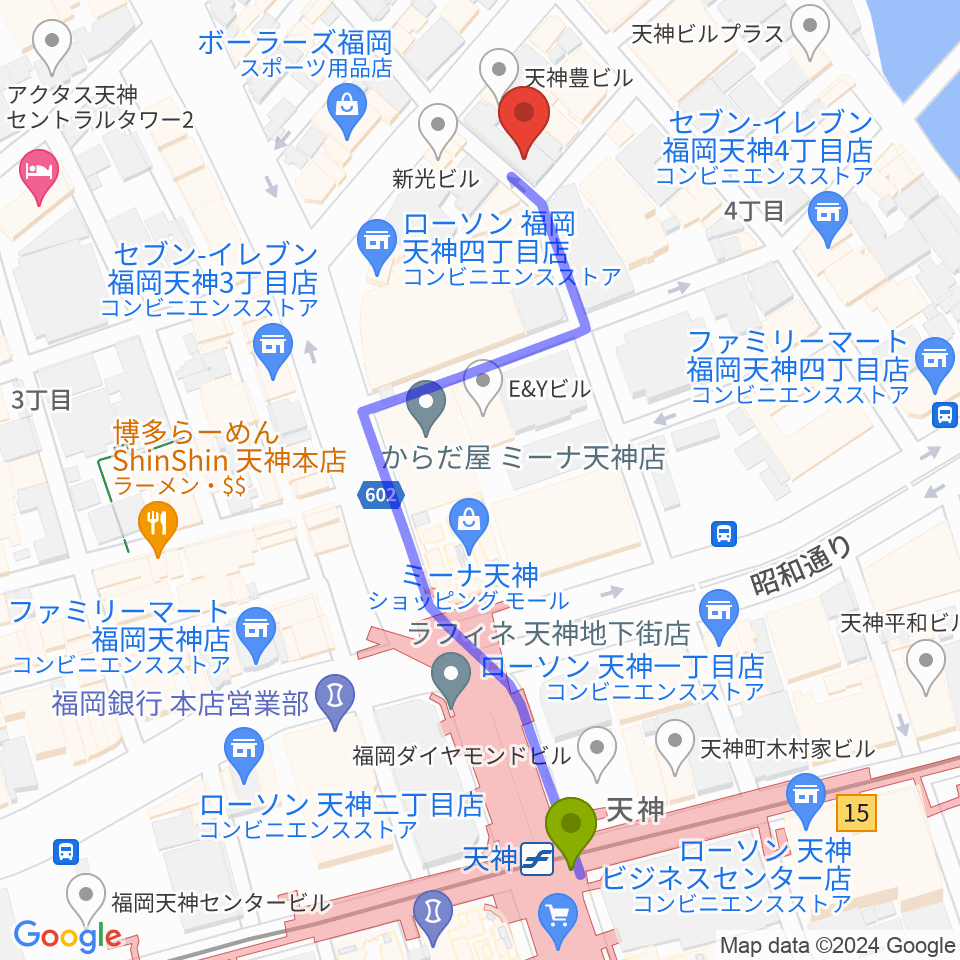 GMボーカル・アカデミー福岡天神校の最寄駅天神駅からの徒歩ルート（約6分）地図