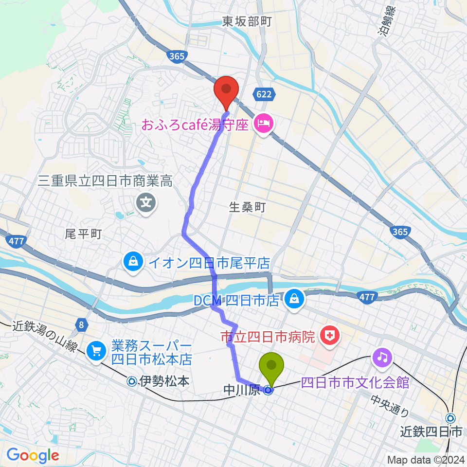 シークレットスタジオの最寄駅中川原駅からの徒歩ルート（約37分）地図