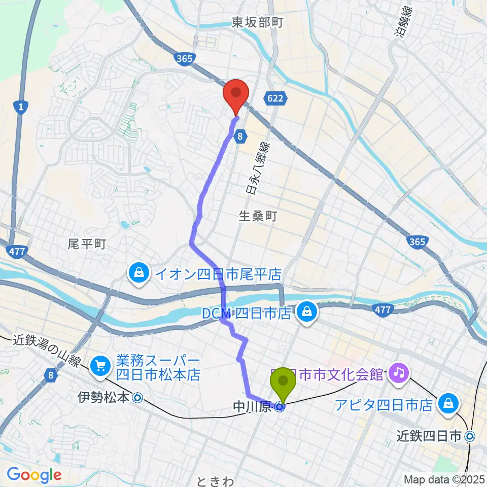 シークレットスタジオの最寄駅中川原駅からの徒歩ルート（約37分）地図