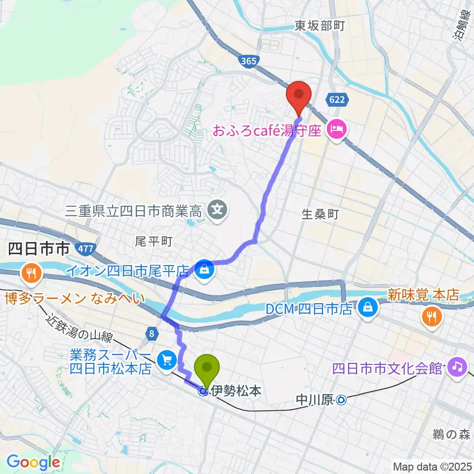 伊勢松本駅からシークレットスタジオへのルートマップ地図