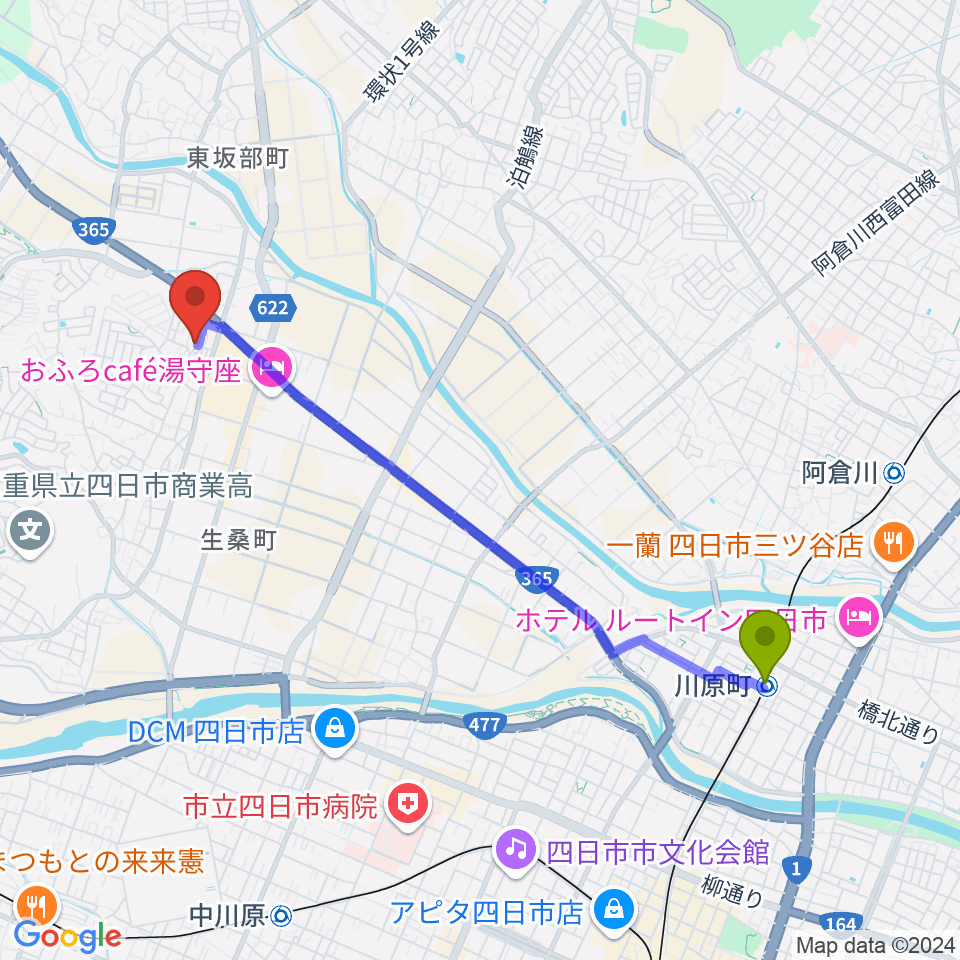 川原町駅からシークレットスタジオへのルートマップ地図