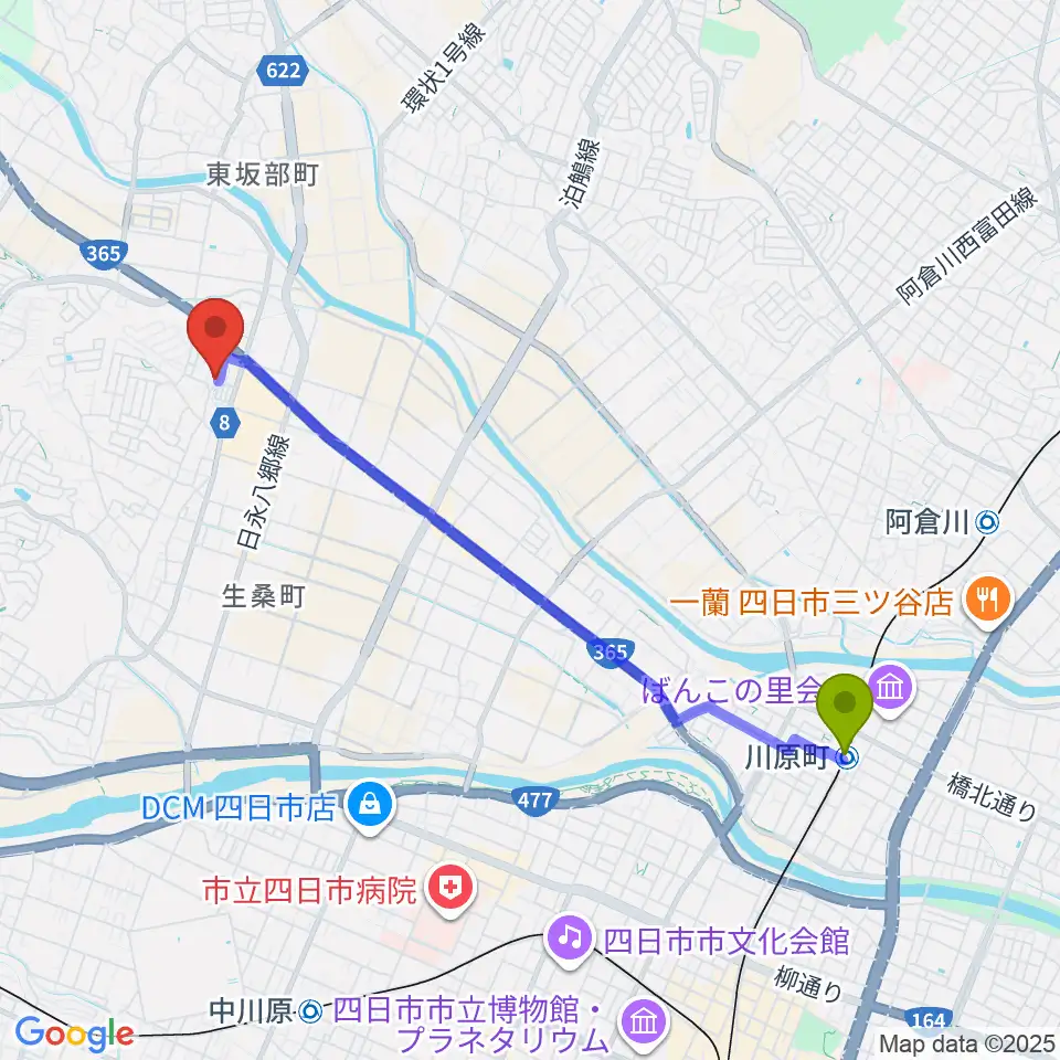 川原町駅からシークレットスタジオへのルートマップ地図